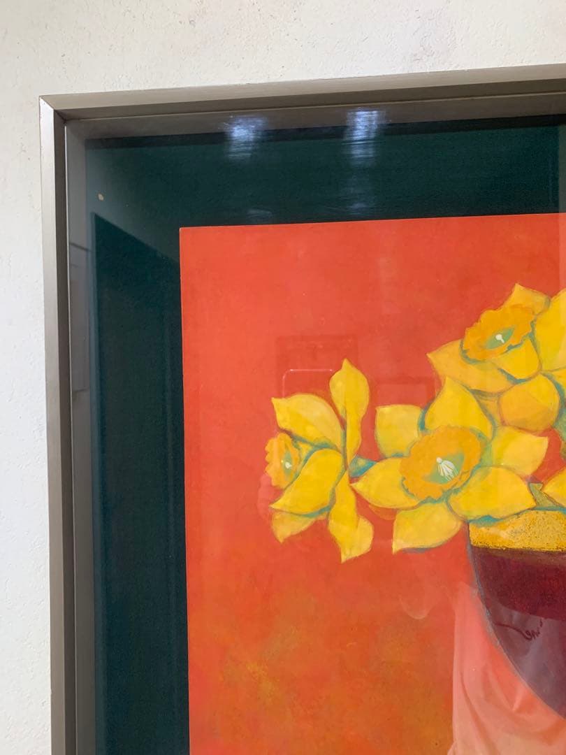 絵画額装　日本画　真作　皆川千恵子『水仙』直筆サインあり