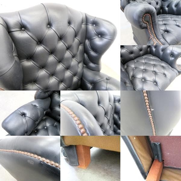 英国伝統■チェスターフィールド■黒総革■ウィングバック■1人掛けソファ■単鋲打ち