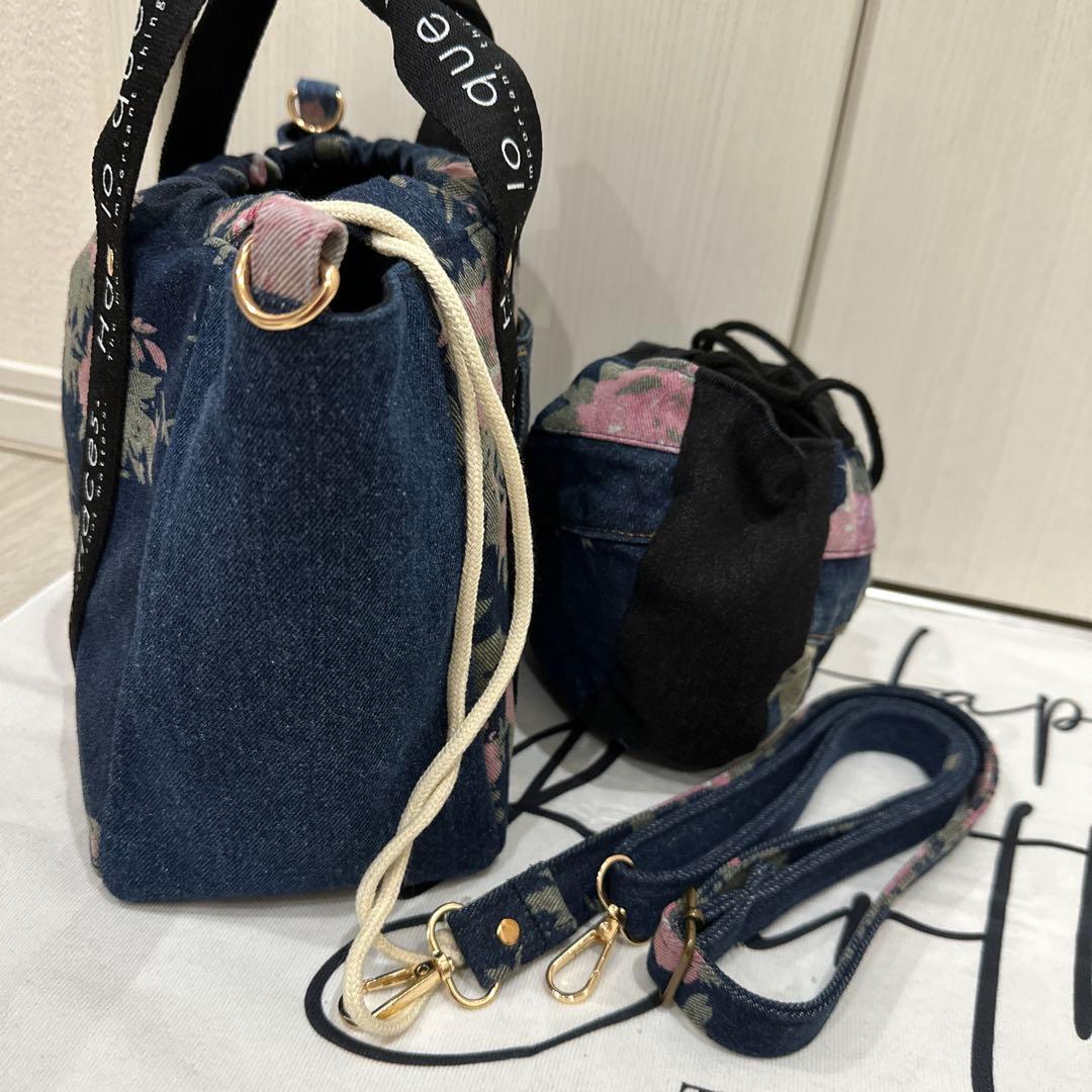 新品花柄デニムジーンズリメイク巾着風トートバッグと巾着袋セット