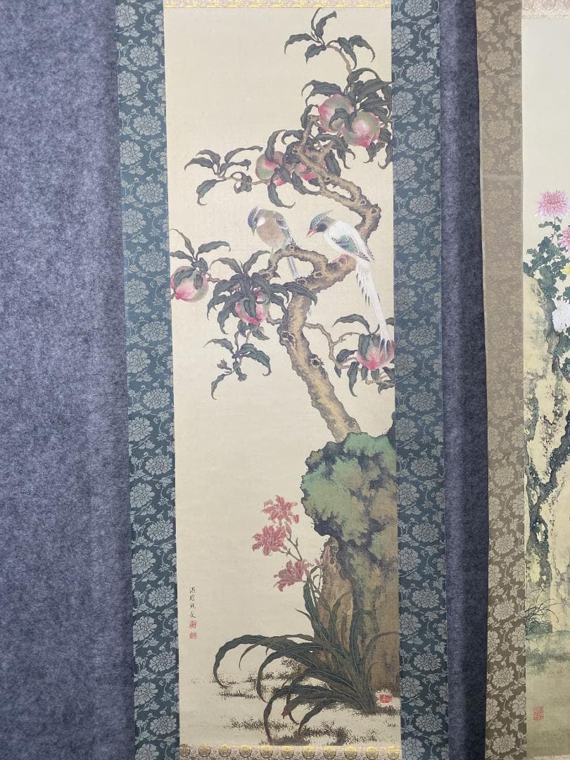 サ*バ様 熊代熊斐【複製】菊花家鶏図 雪蘆真雁図 桃樹山鵲図 長崎 掛軸