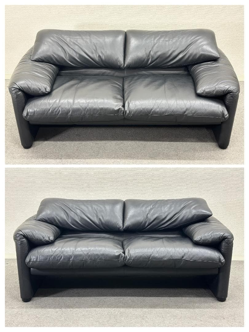 ヴィンテージ■カッシーナ■マラルンガ　2人掛け　ソファ　本革　ブラック　Cタグ