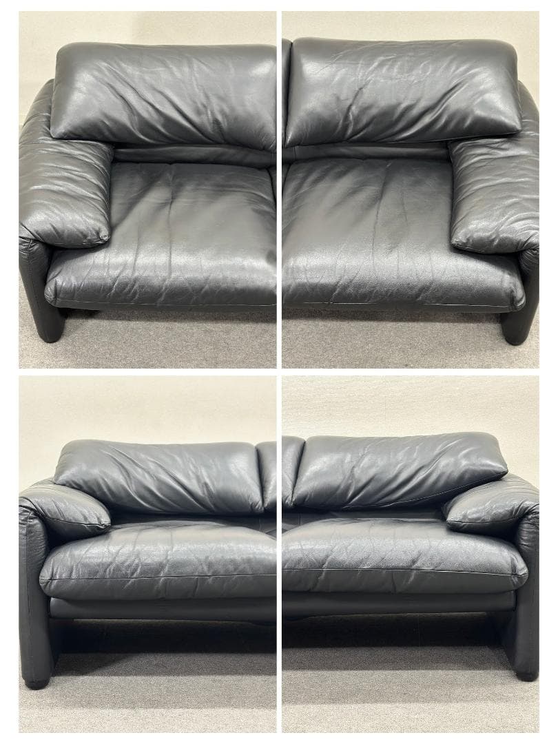 ヴィンテージ■カッシーナ■マラルンガ　2人掛け　ソファ　本革　ブラック　Cタグ