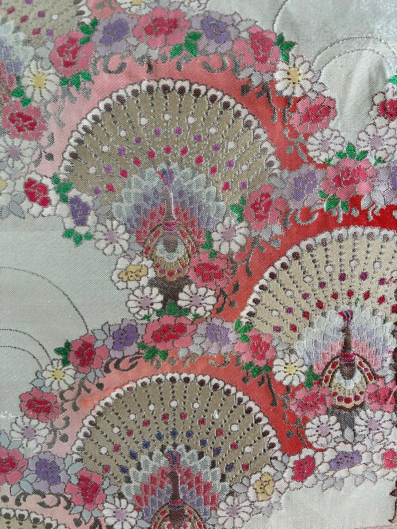 帯リメイク　孔雀と扇面柄　和モダン タペストリー＆クッションカバー 2点セット