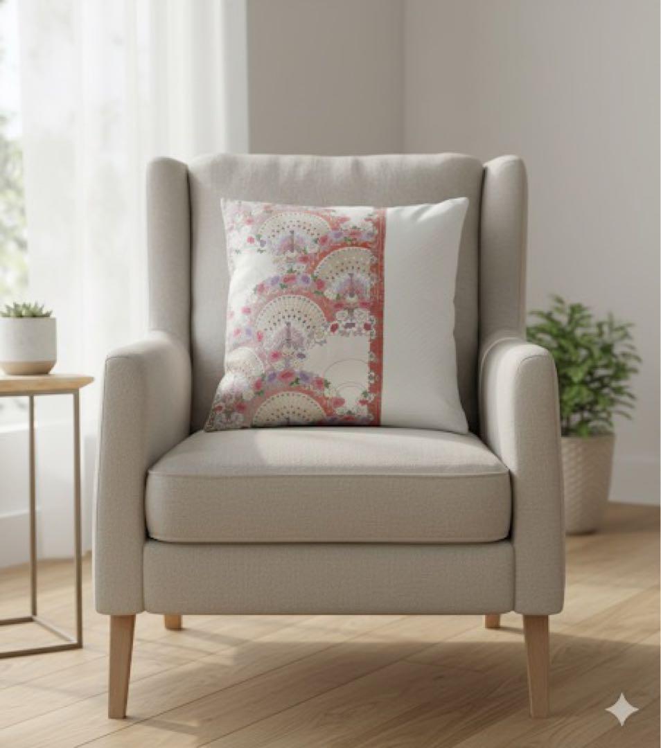 帯リメイク　孔雀と扇面柄　和モダン タペストリー＆クッションカバー 2点セット