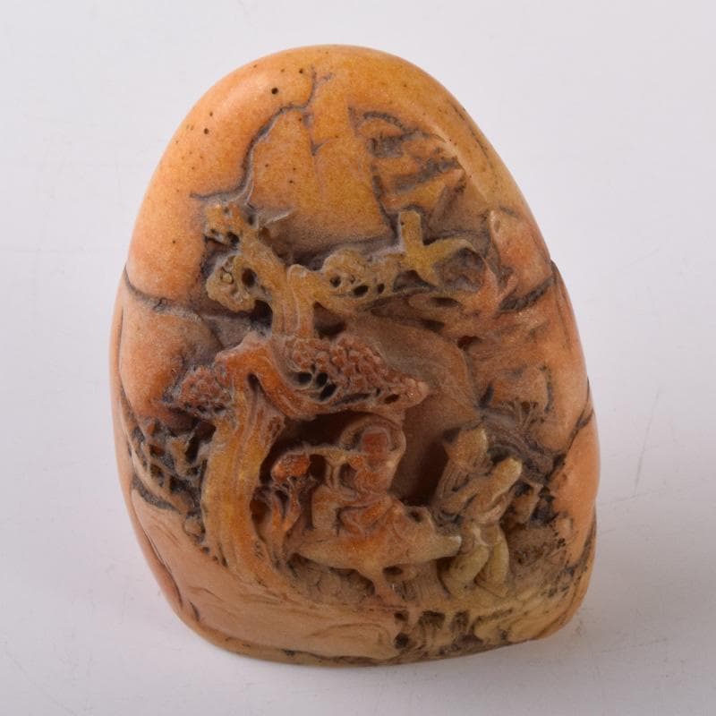 中国　篆刻　玉石田黄石彫刻　山水人物刻　印材　置物　V　7781