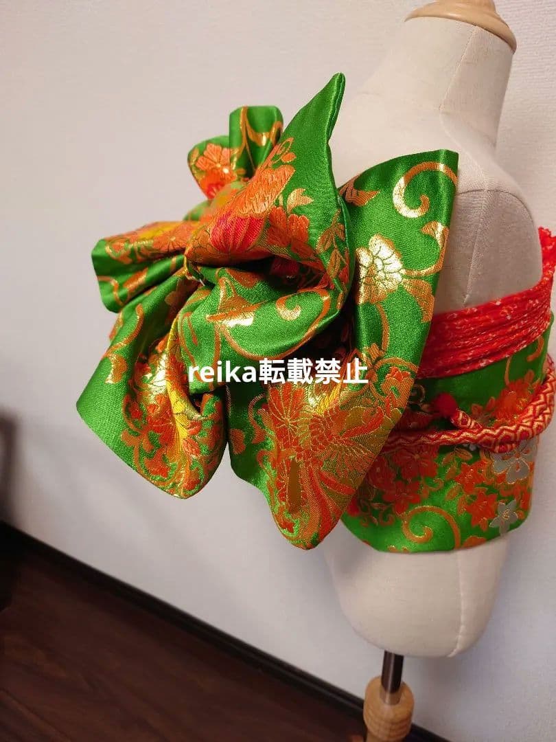 七五三　ジュニア帯　作り帯　一点物　蝶柄　鳳凰　緑系