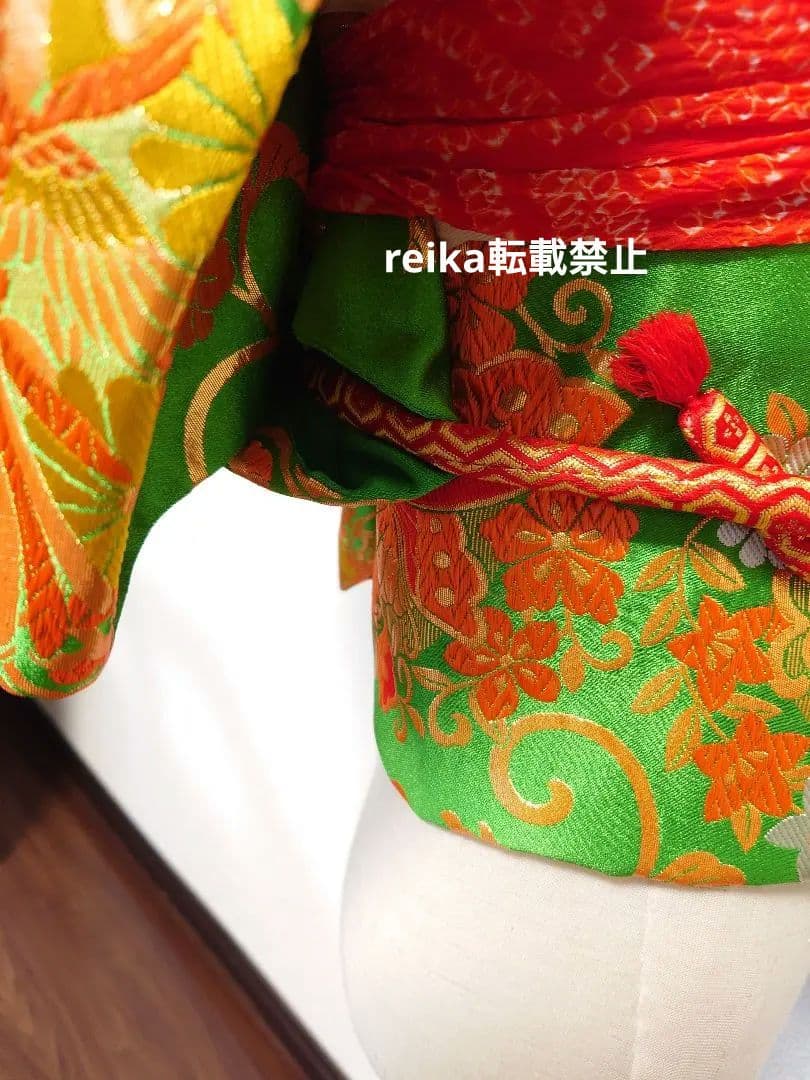 七五三　ジュニア帯　作り帯　一点物　蝶柄　鳳凰　緑系