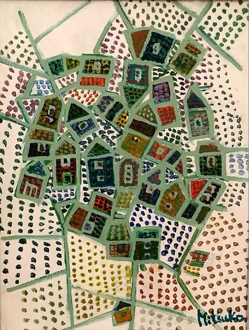 絵画 額装 油絵 田園 集落 Mituko作