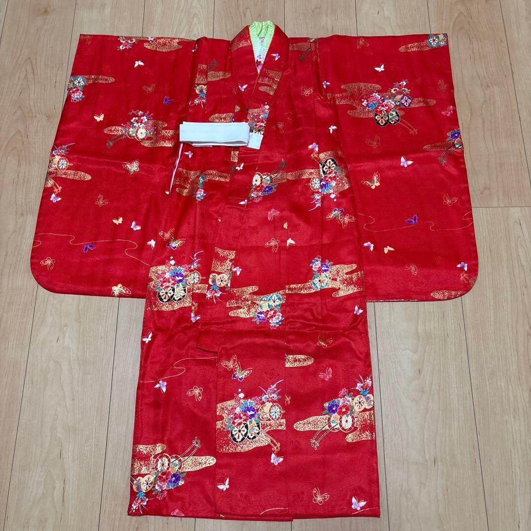 122 正絹着物　赤×蝶々×花車　七五三着物セット　3歳　日本製　結び帯