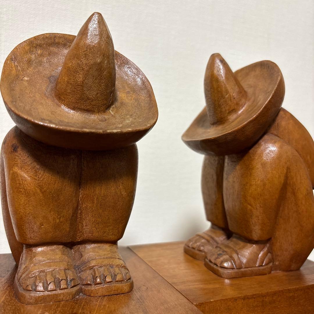 ヴィンテージ メキシコ 作家もの 木彫り 彫刻 ブックエンド インテリア