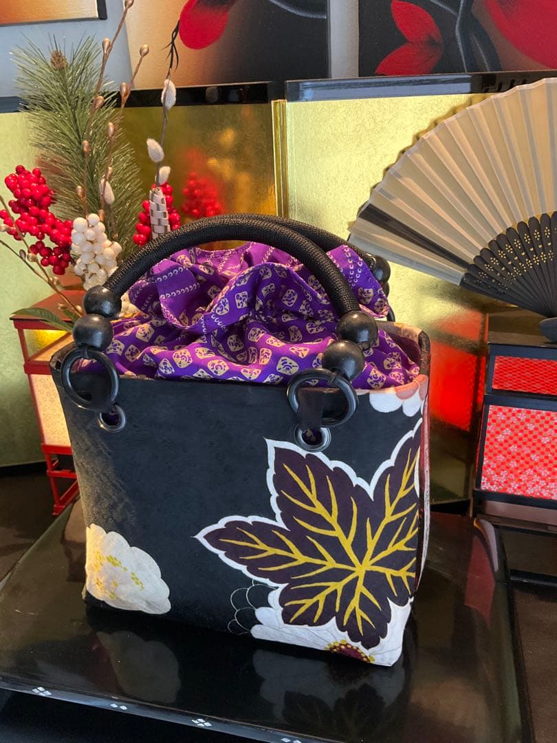 一閑張り 一閑張りバッグ 古文書 和紙 花絵柄 大正 着物 梅 京友禅 牡丹 菊