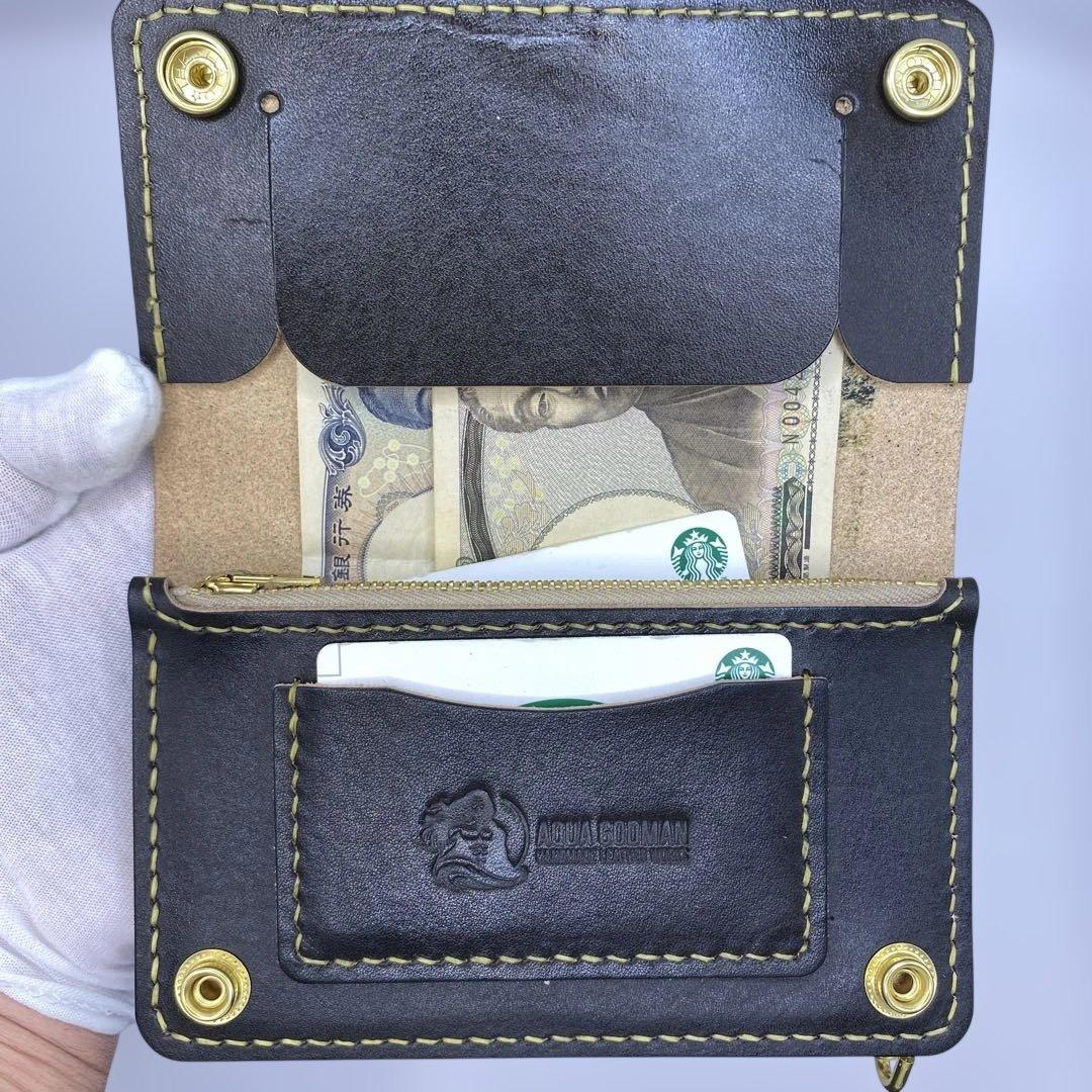 無骨×上質】丘染めブラック／ミドルトラッカーウォレット折らずにお札収納