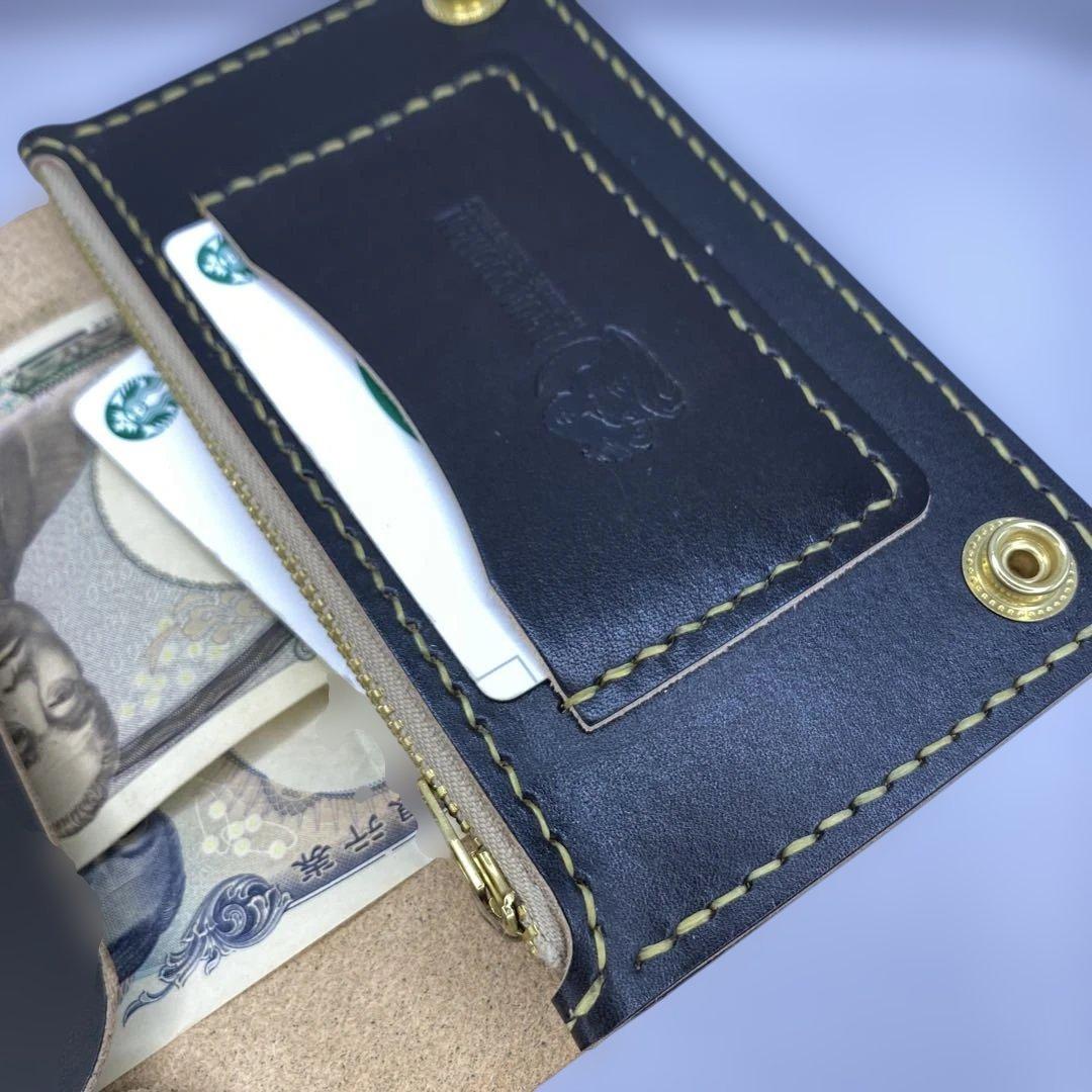 無骨×上質】丘染めブラック／ミドルトラッカーウォレット折らずにお札収納