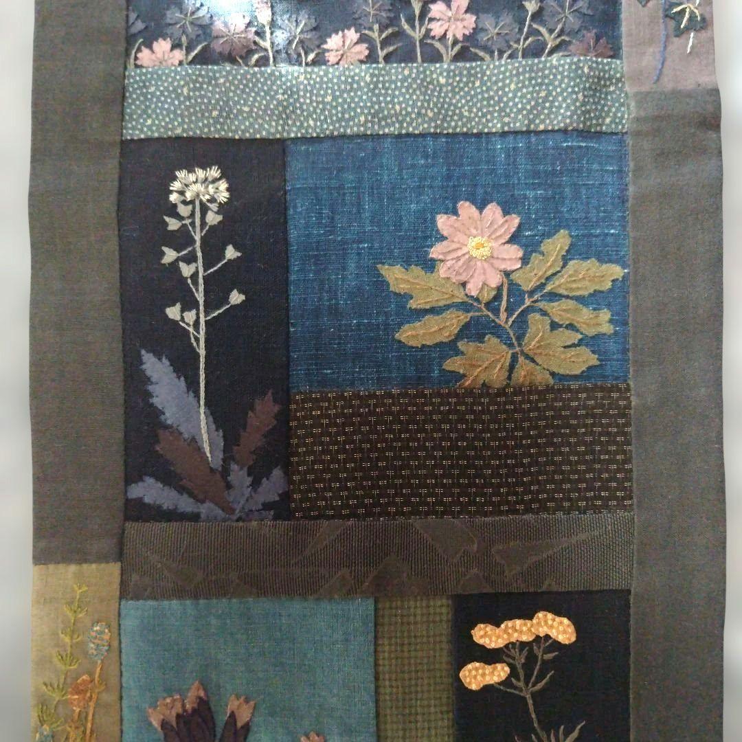 古布　和風タペストリー【藍✽野の花のタペストリー】ハンドメイド