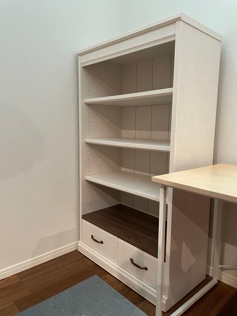 ホワイト木製本棚 ホワイトシェルフ　　引き出し付き