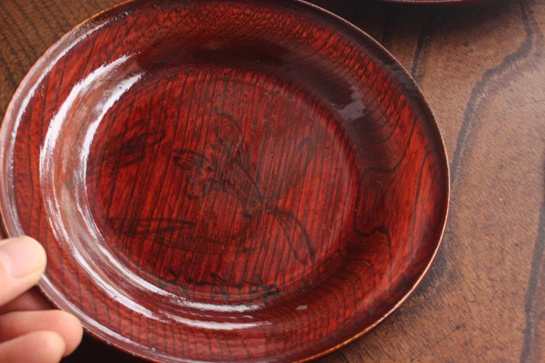 デッドストック！極上拭き漆に風情ある墨絵風草花文の映えるお皿5点（検銘々皿菓子皿