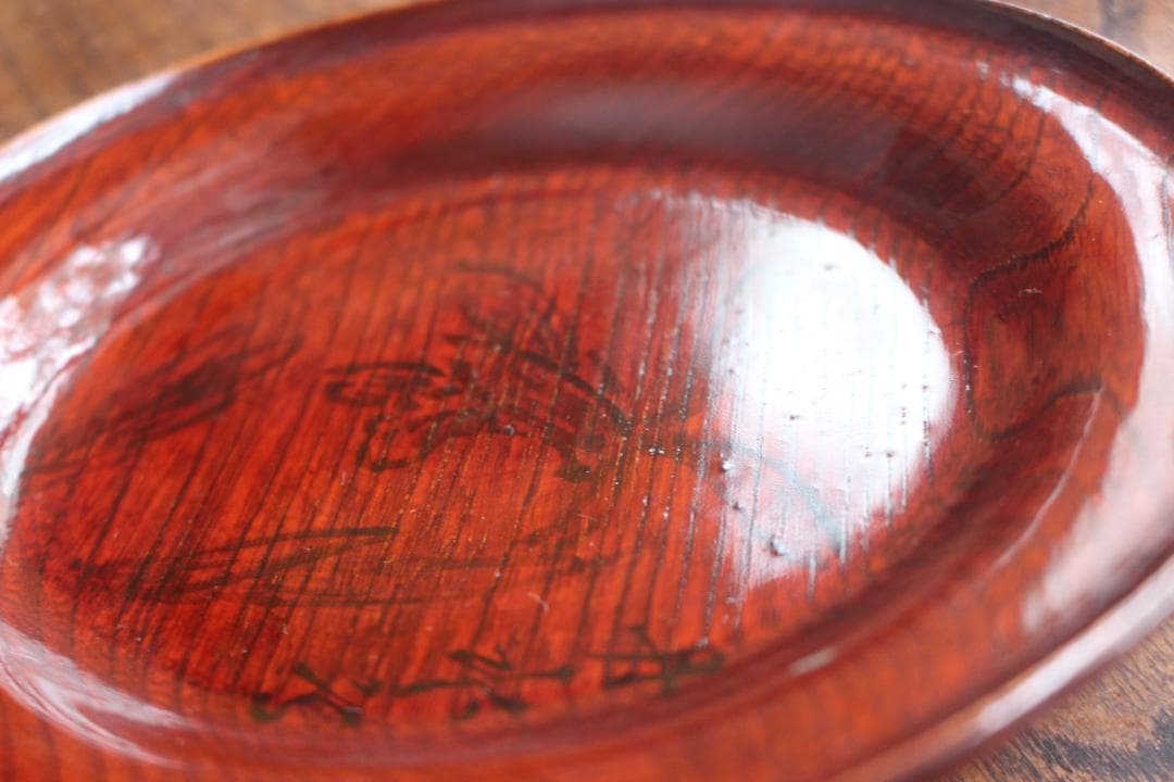 デッドストック！極上拭き漆に風情ある墨絵風草花文の映えるお皿5点（検銘々皿菓子皿