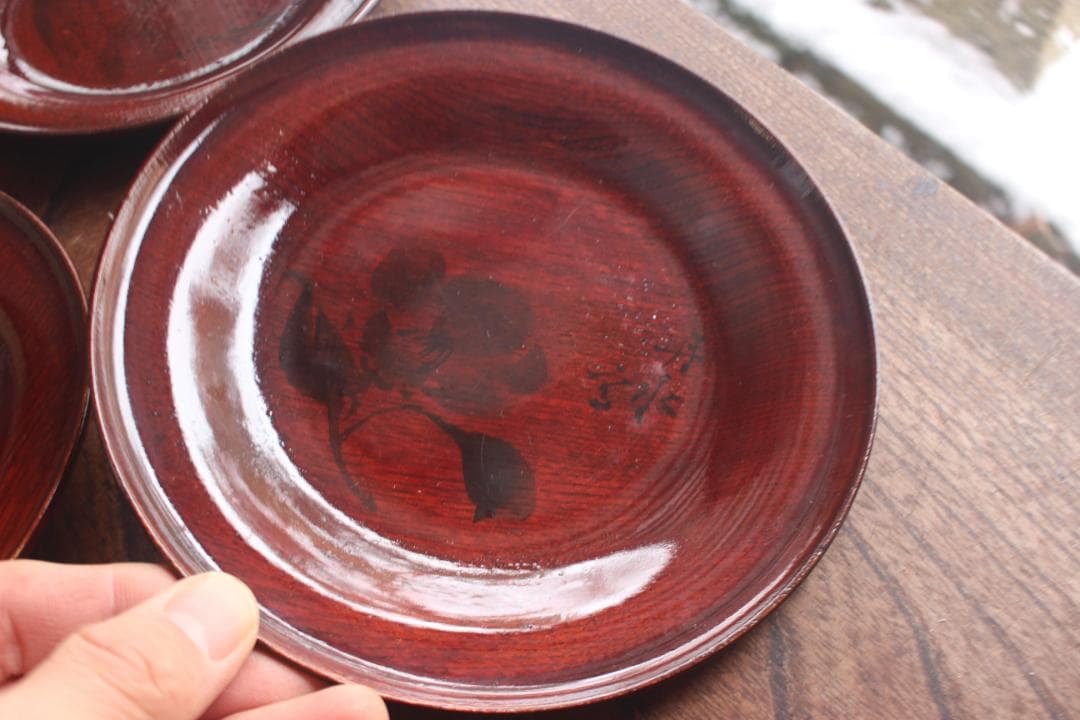 デッドストック！極上拭き漆に風情ある墨絵風草花文の映えるお皿5点（検銘々皿菓子皿