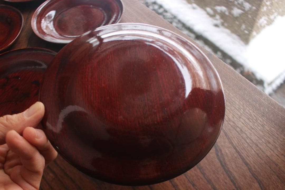 デッドストック！極上拭き漆に風情ある墨絵風草花文の映えるお皿5点（検銘々皿菓子皿