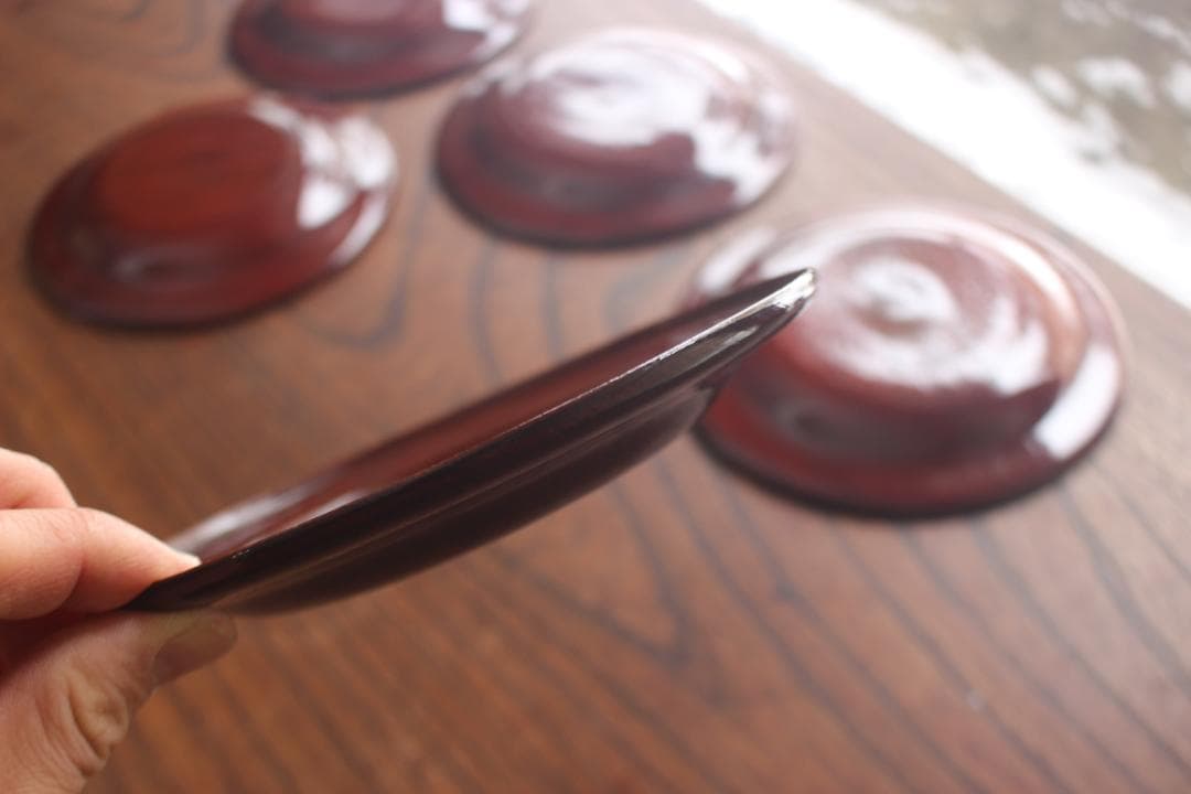 デッドストック！極上拭き漆に風情ある墨絵風草花文の映えるお皿5点（検銘々皿菓子皿