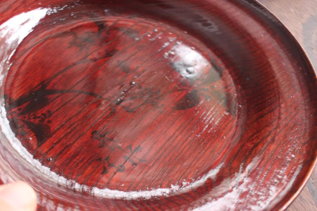 デッドストック！極上拭き漆に風情ある墨絵風草花文の映えるお皿5点（検銘々皿菓子皿