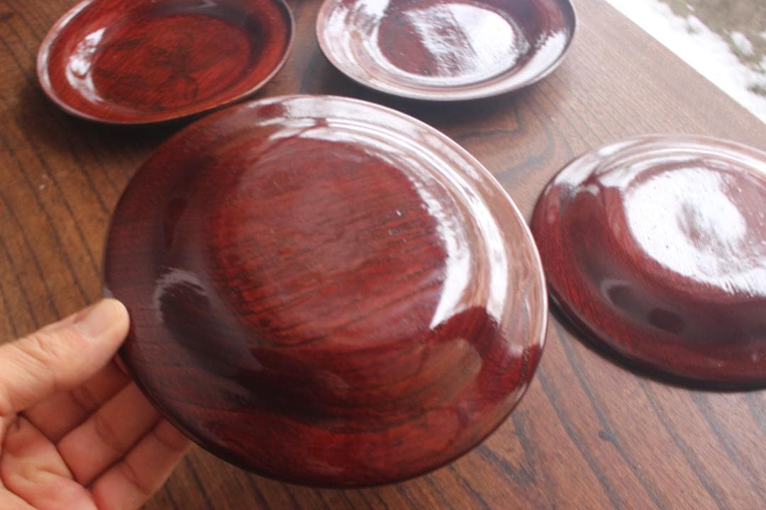 デッドストック！極上拭き漆に風情ある墨絵風草花文の映えるお皿5点（検銘々皿菓子皿