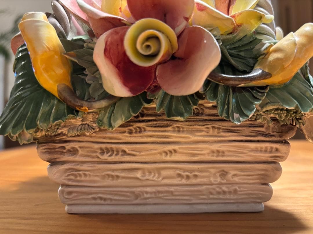 イタリア製　陶花　陶器の置物　バラ　バスケット　ハンドメイド