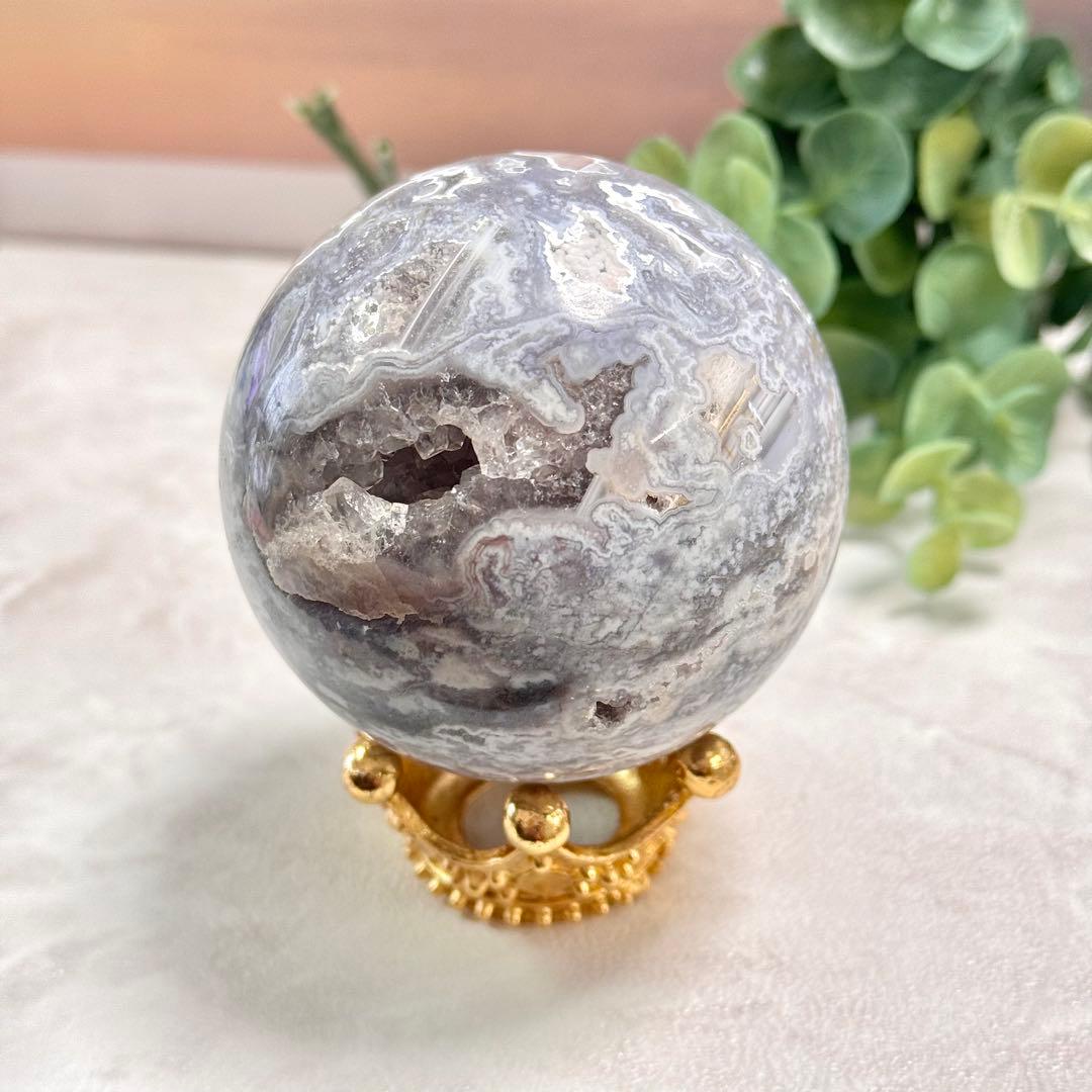 【D279】レアカラー×ほんわかパープル モスアゲートスフィア 約63.5mm