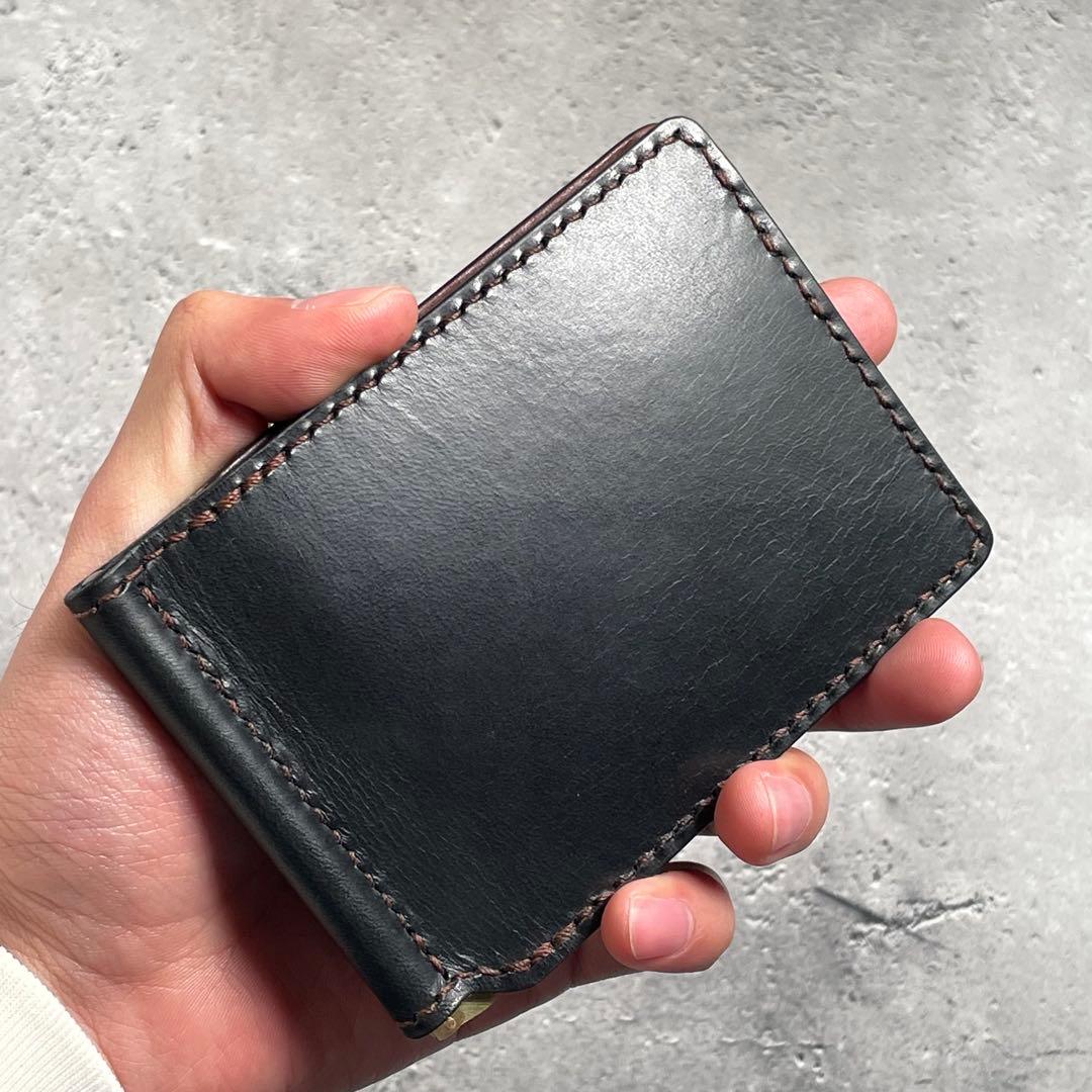 マネークリップ　イタリアンレザー　ツートン　牛革　札バサミ　真鍮