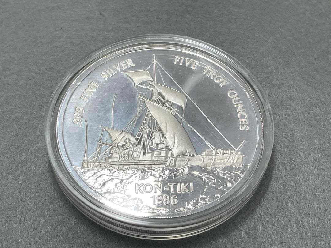 【超大型】1986年 西サモア コンティキ号 5オンス 銀貨 プルーフ 純銀