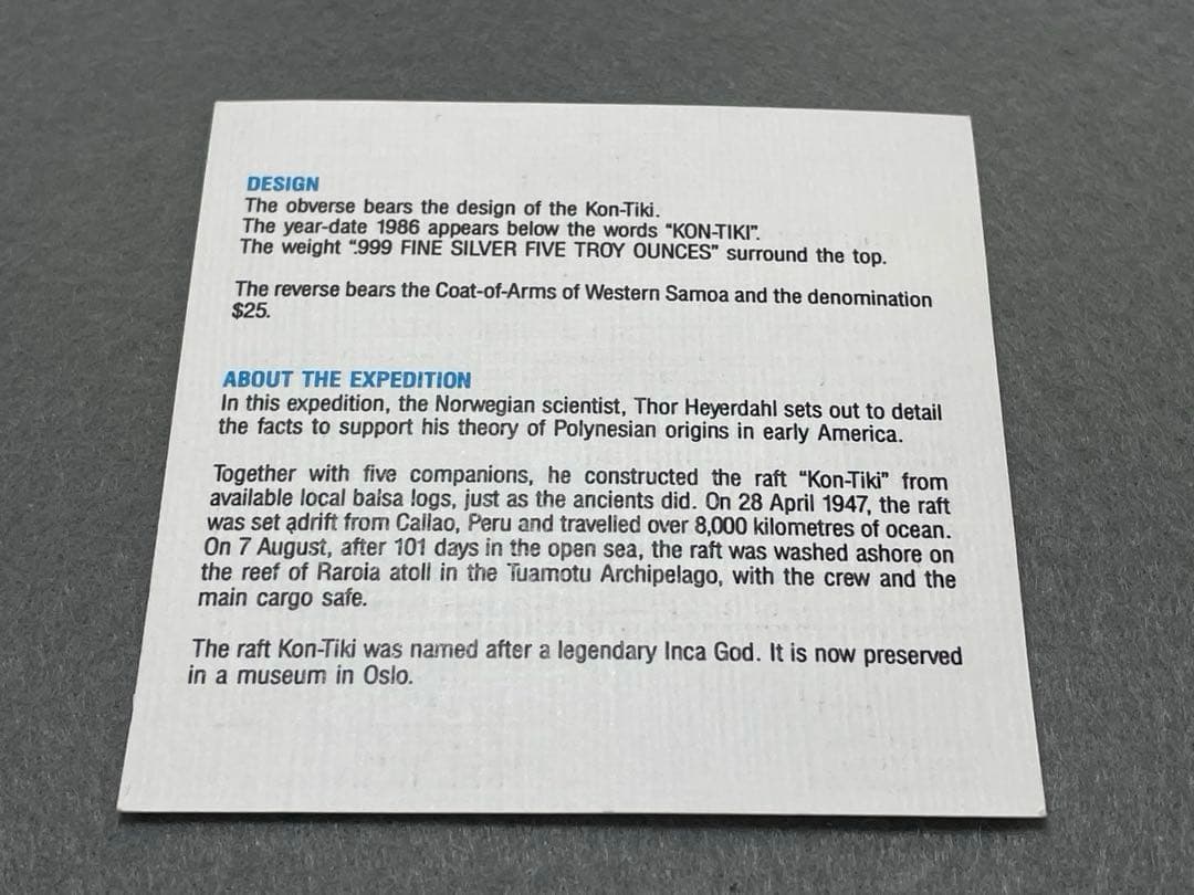 【超大型】1986年 西サモア コンティキ号 5オンス 銀貨 プルーフ 純銀