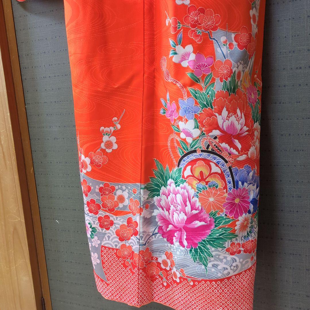 七五三　７歳　女の子　着物　和装　オレンジ系　緑の帯　フルセット