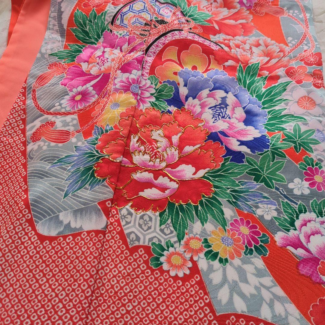 七五三　７歳　女の子　着物　和装　オレンジ系　緑の帯　フルセット