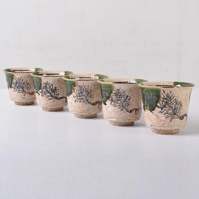 山口錠鐵作　瀬戸焼　絵織部　一口碗　五客　共箱　V　R8412