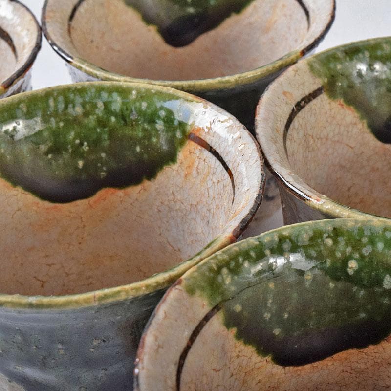 山口錠鐵作　瀬戸焼　絵織部　一口碗　五客　共箱　V　R8412