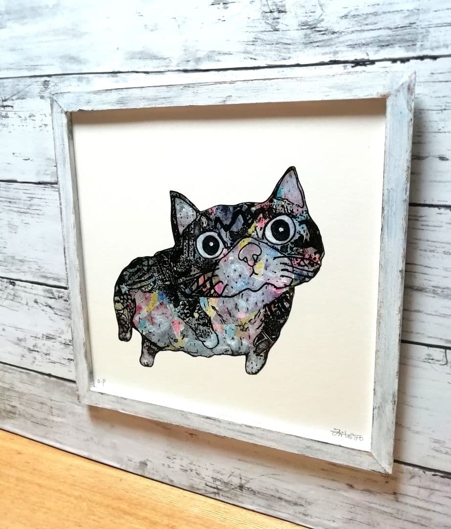 額付き銅版画応用絵画「プカプカ猫」