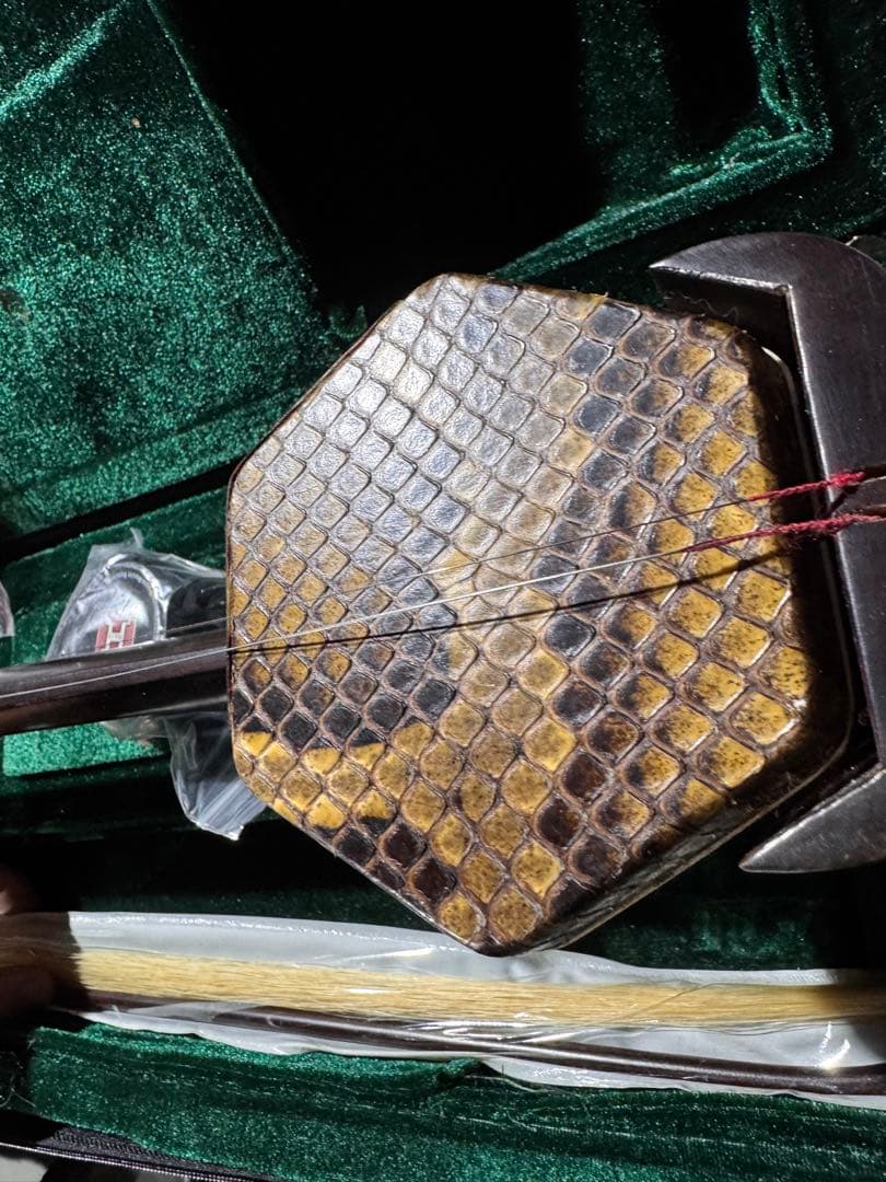 中国　二胡 紅木 中国楽器 現状品　蛇皮使用 登録証付き ケース・弓付き 美品