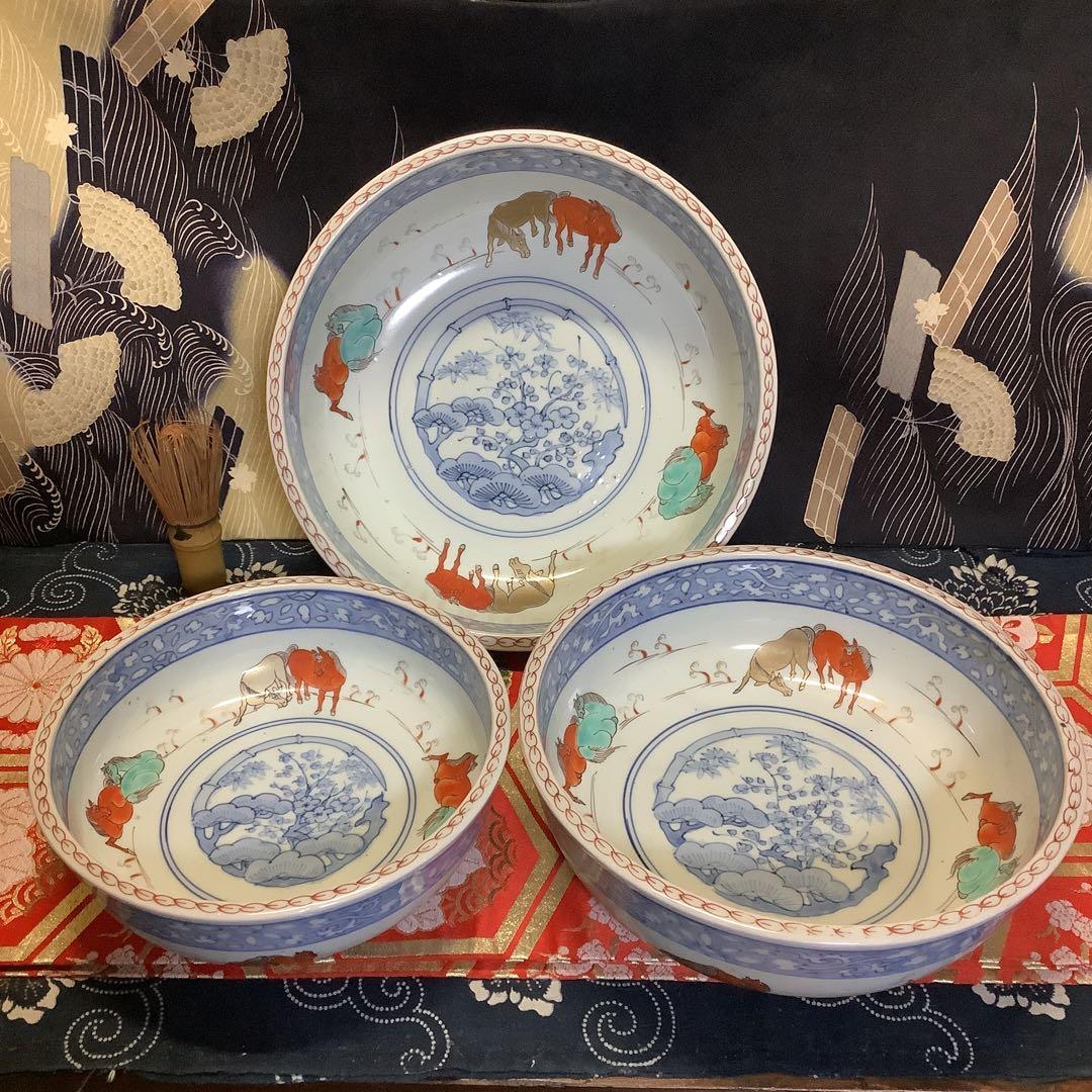 古伊万里　三つ鉢　鉢皿　女夫馬紋　幕末　馬年　九谷焼・大聖寺・李朝・輪島塗好き
