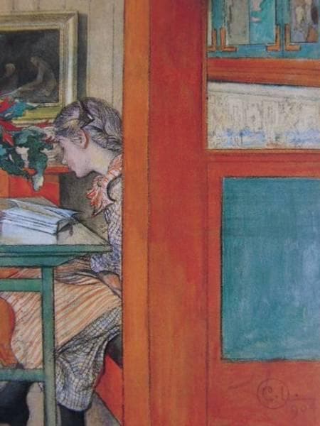 カール・ラーション、本を読むリスベス、希少画集画、新品額装付