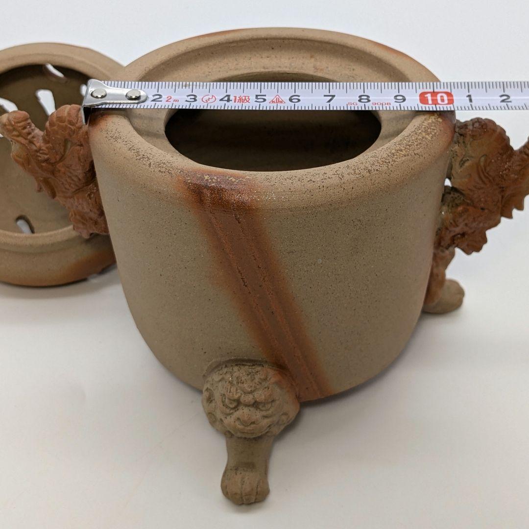 清麻呂窯 備前焼 龍摘緋襷双耳三足香炉 竜 獅子 香道具