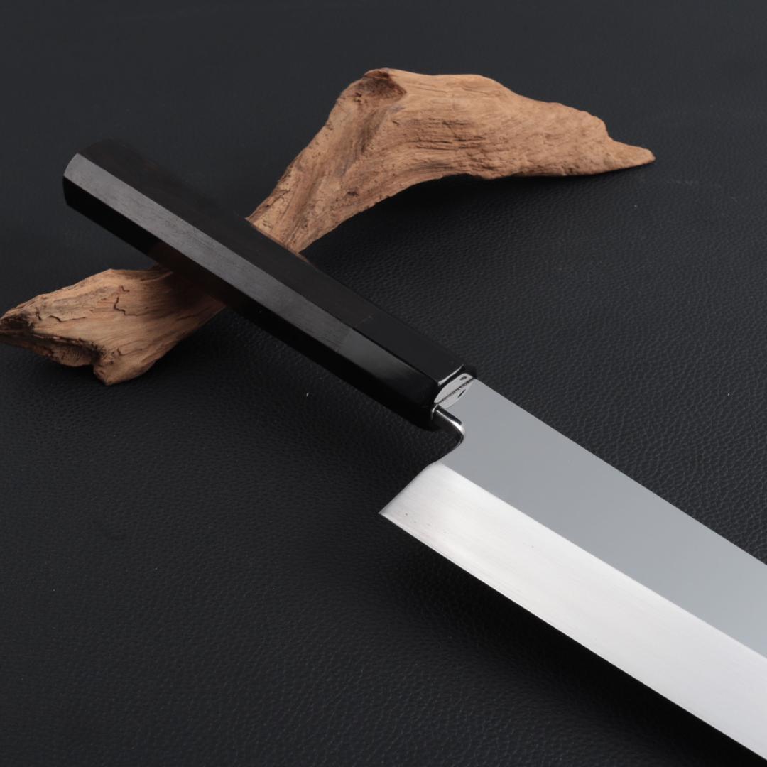 8509 鏡面仕上げ 身卸し・舟行 9寸 刃は究極の切れ味 黒檀黒水牛角八角柄