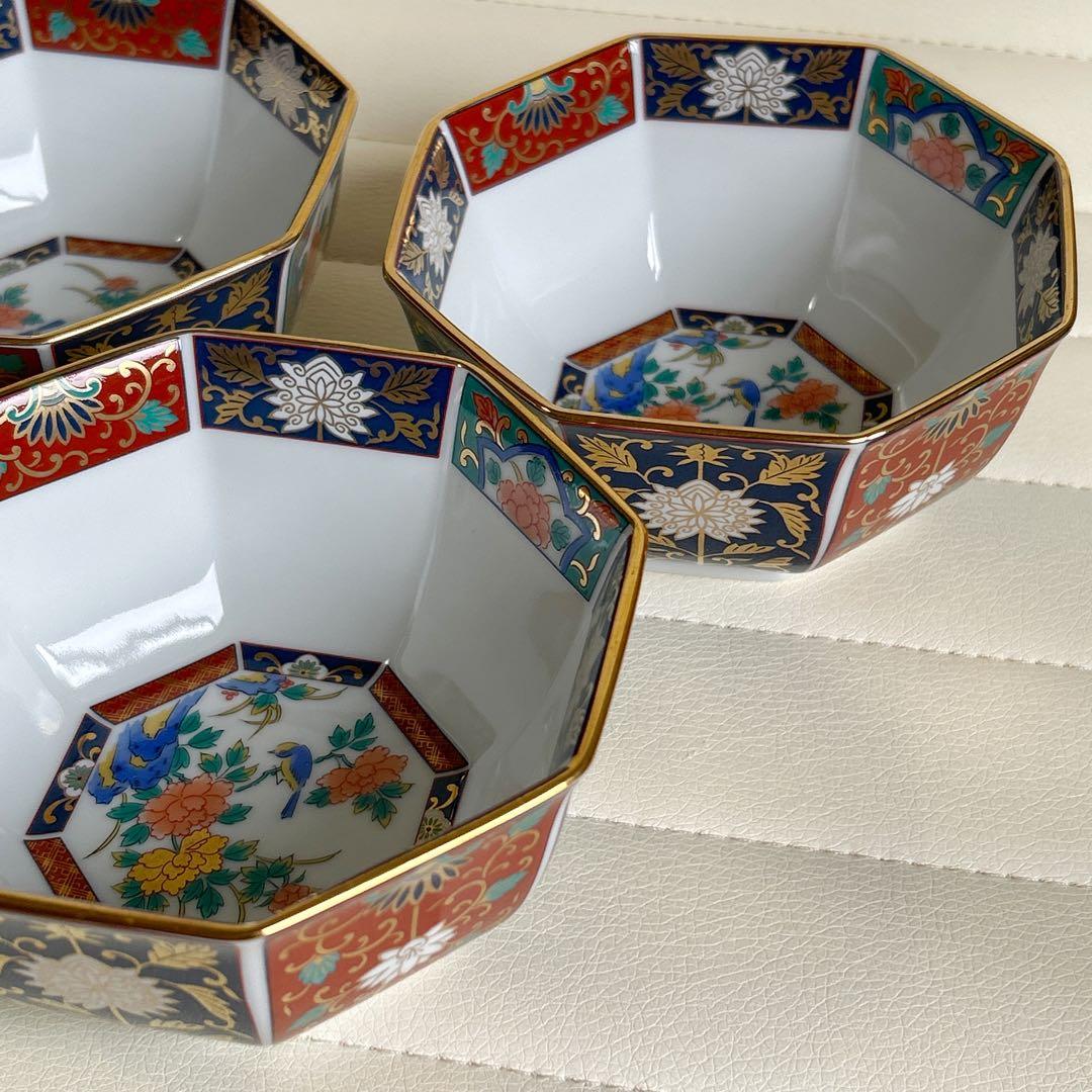 有田焼 青藍窯 金彩古伊万里 八角鉢 3枚セット 中鉢 小鉢 花鳥 色絵 和
