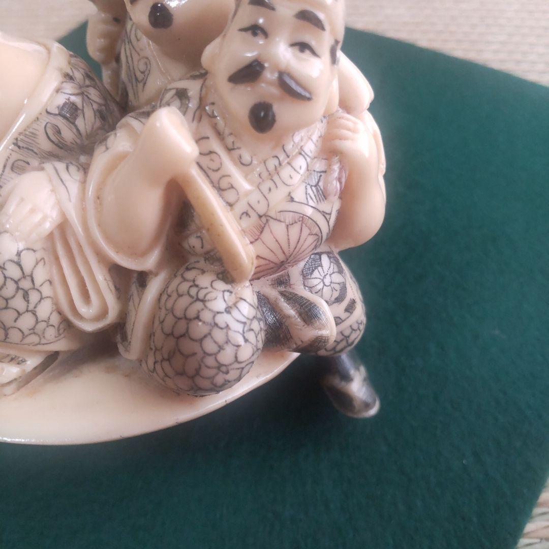 置根付 Netsuke☆ 七福神三福神 極細工 精密彫刻 雅俊作 美品‼️乳白色