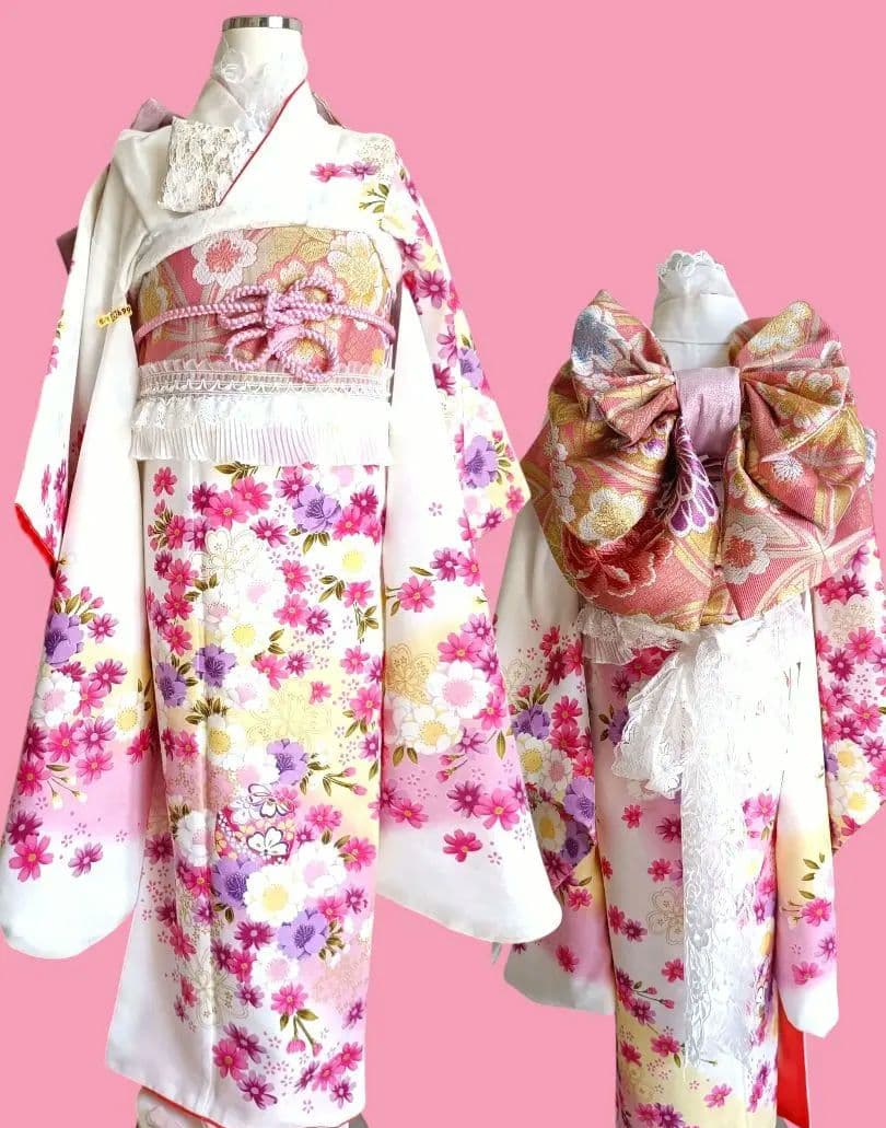 白地に花模様の着物とピンク系作り帯セット☆七五三ハーフ成人式