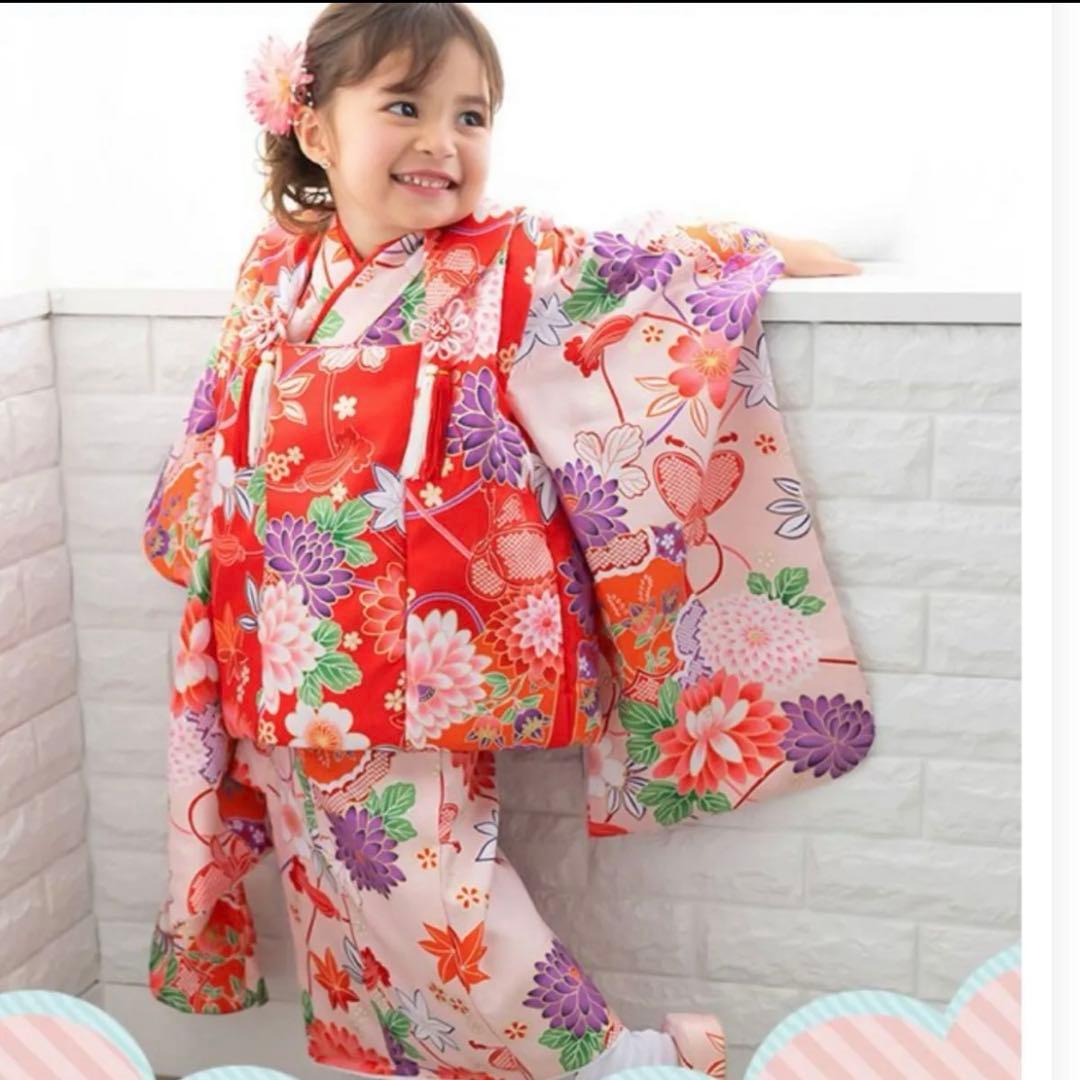 着1 七五三　３歳　着物セット　9点フルセット　つまみ細工の髪飾り付き