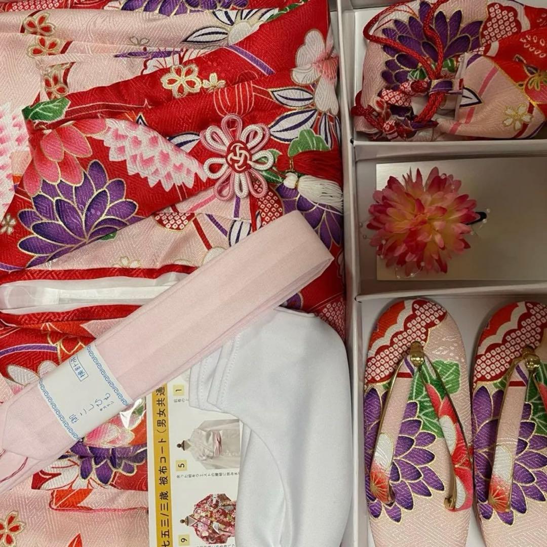 着1 七五三　３歳　着物セット　9点フルセット　つまみ細工の髪飾り付き