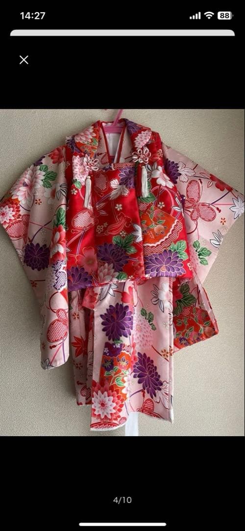 着1 七五三　３歳　着物セット　9点フルセット　つまみ細工の髪飾り付き