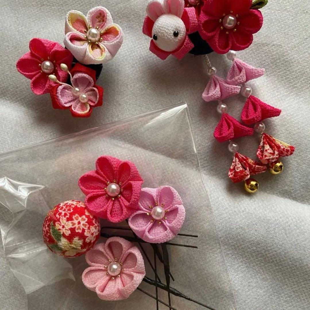 着1 七五三　３歳　着物セット　9点フルセット　つまみ細工の髪飾り付き