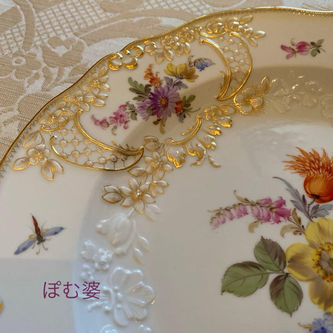 【古マイセン】金彩 花絵皿「ノイマルセイユ／フラワーブーケと昆虫」No.6