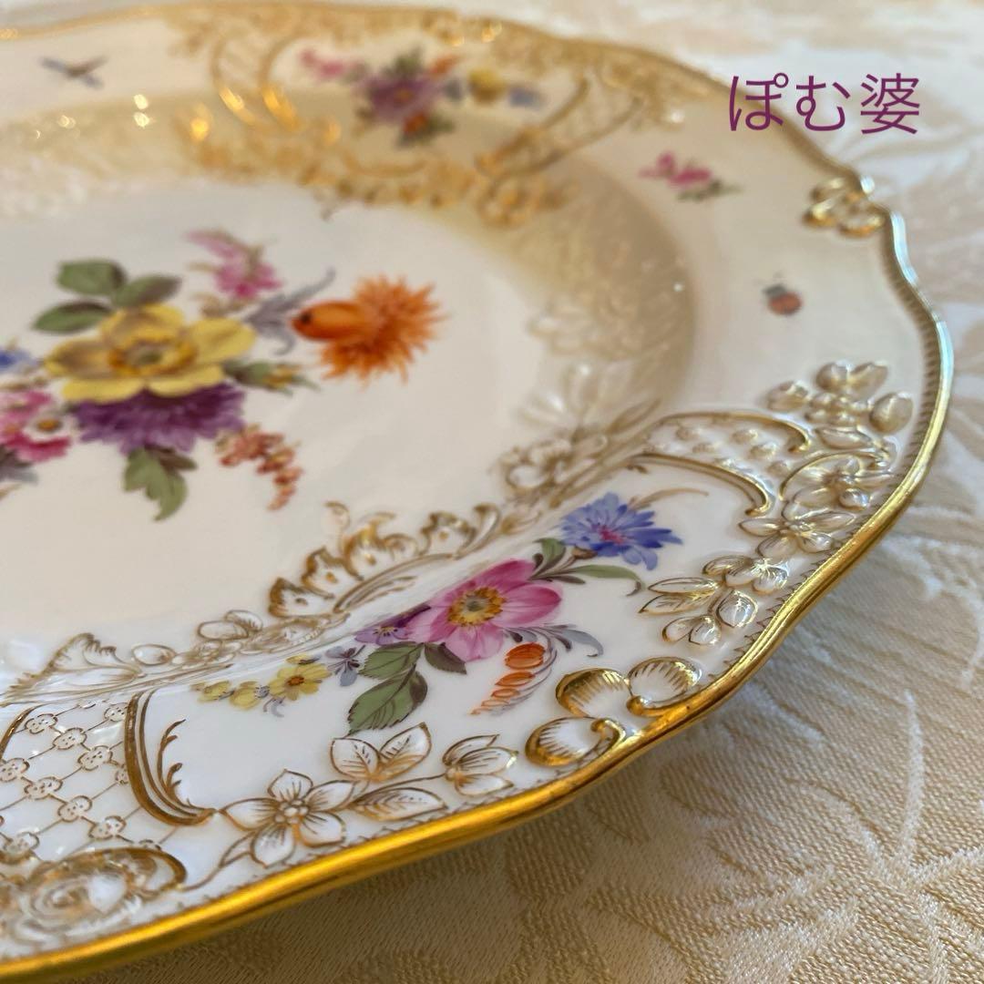 【古マイセン】金彩 花絵皿「ノイマルセイユ／フラワーブーケと昆虫」No.6